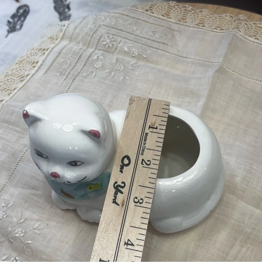 White Ceramic Cat-Shaped Planter with a Blue Scarf Adorned with Fish.